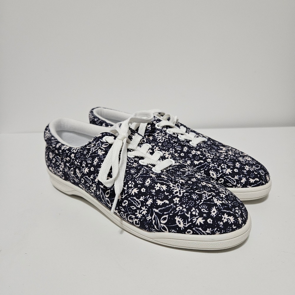 Easy Spirit Lace Up Sneakers Womens 7W Navy Blue Floral Casual Spring Coastal